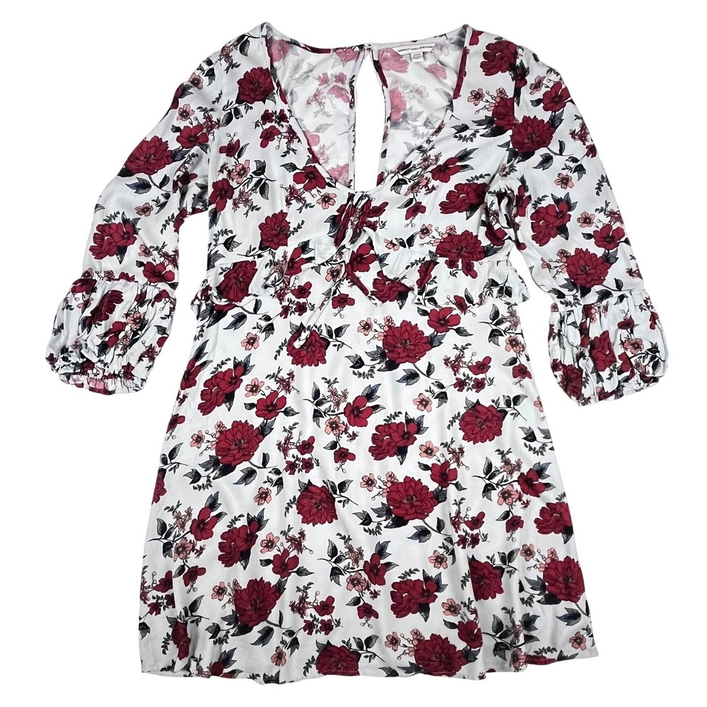 American Eagle Floral Mini Dress Womens Medium White Red Tie Front Cutout Back